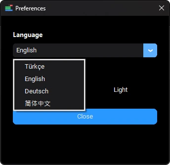 Slateless dil seçimi ekranı: Türkçe, English, Deutsch, 简体中文